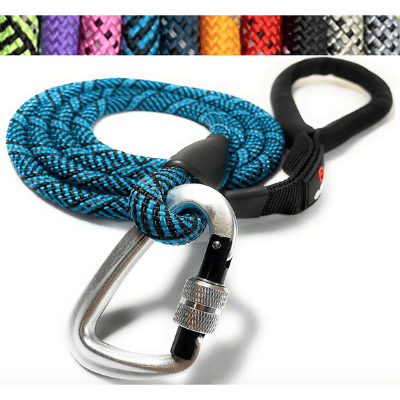 Enthusiast Gear Climbing Rope Dog Leash with Locking Carabiner for Large and Medium Breeds | Reflective Braiding and Comfortable Padded Grip (6' Foot)