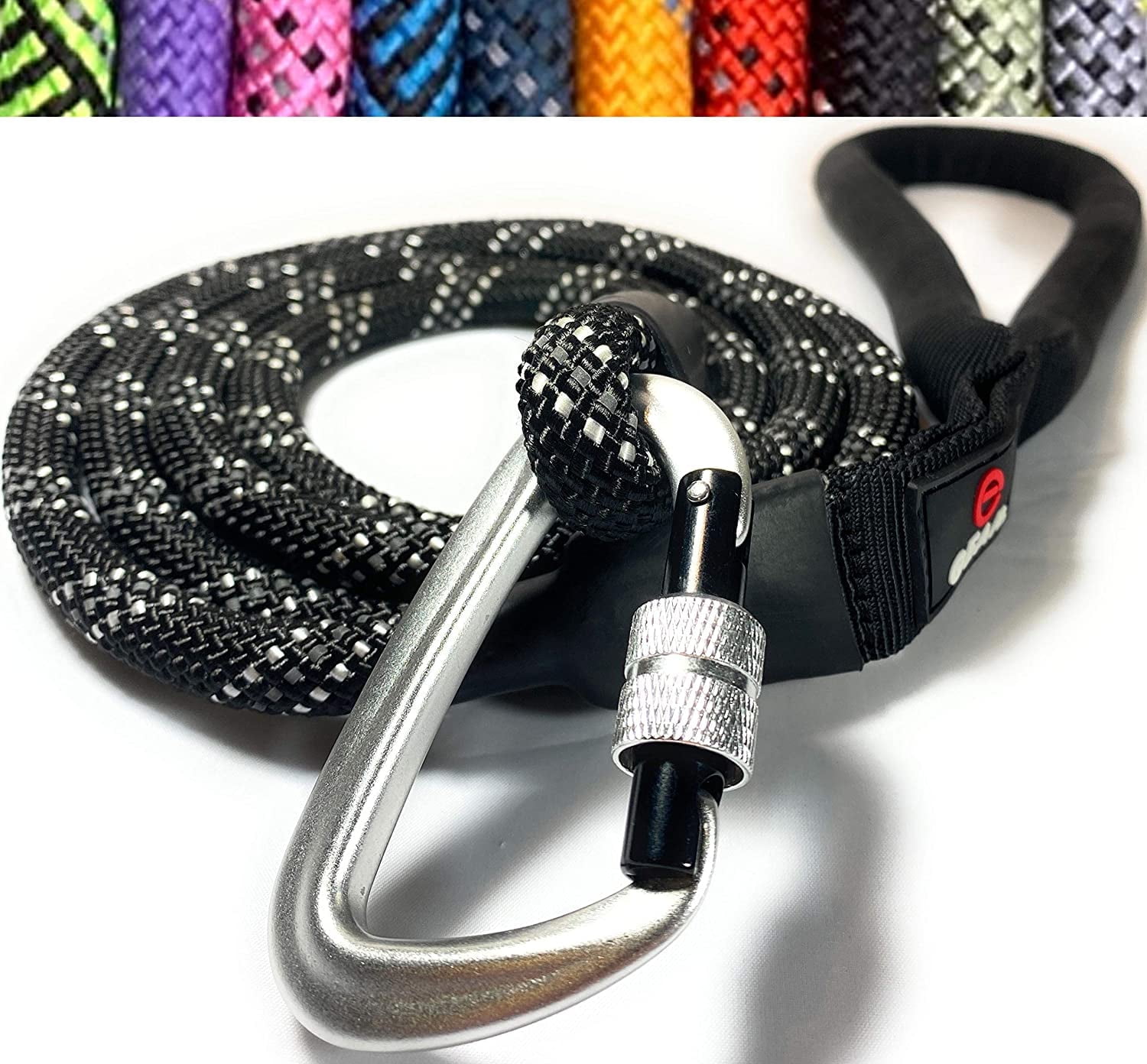 Enthusiast Gear Climbing Rope Dog Leash with Locking Carabiner for Large and Medium Breeds | Reflective Braiding and Comfortable Padded Grip (6' Foot)