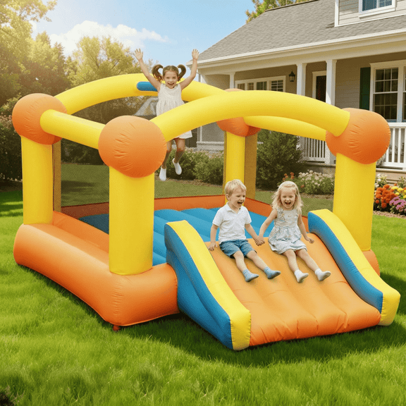 Entil 144in Inflatable Bounce House Large Size with Blower, Big Slide, Basketball Hoop & Inflatable Basketball, Outdoor/Indoor for Kids
