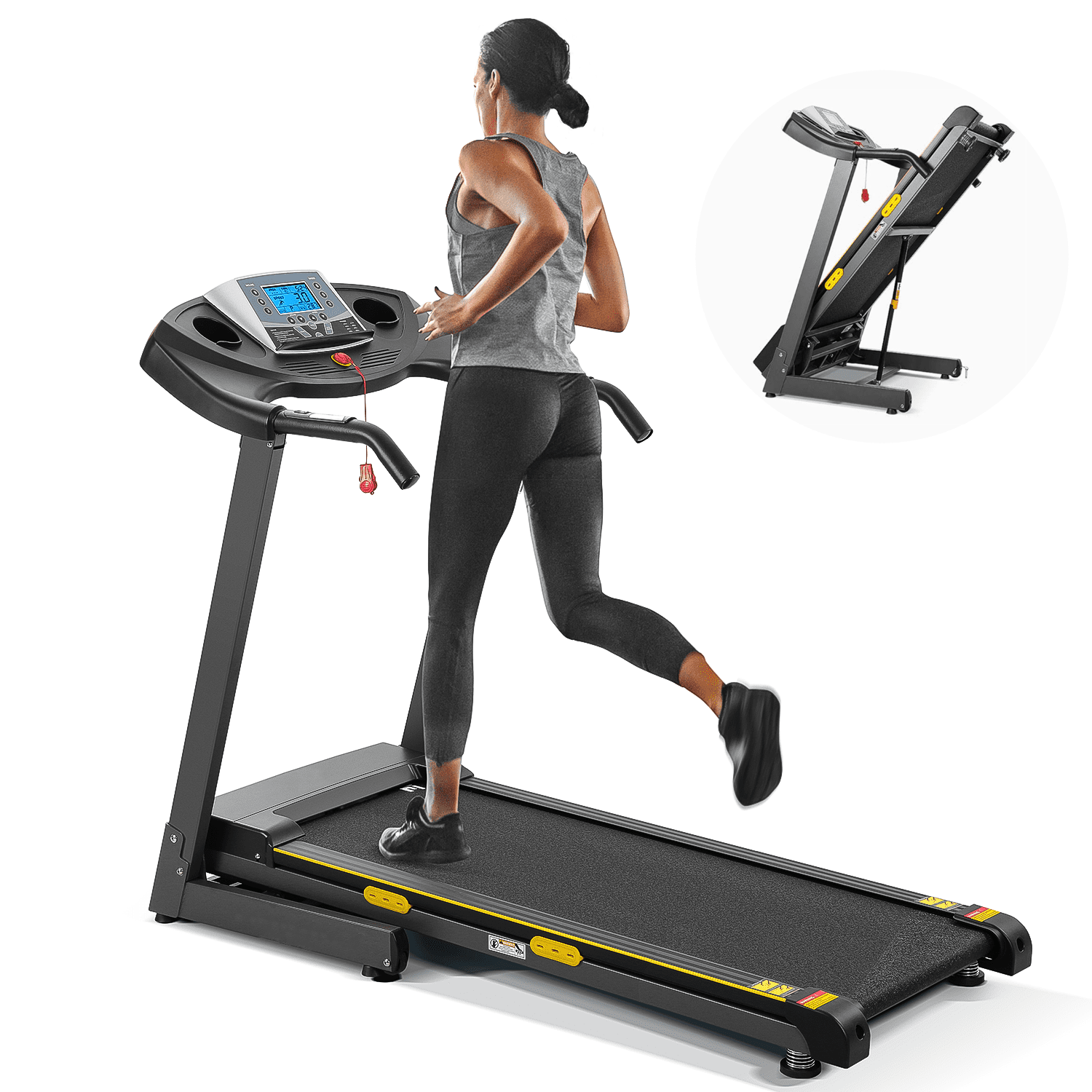 Entil 2.5HP Electric Folding Treadmill with 12 level Incline 2 5 Degrees Ascension Angle 15 Preset Training Programs Heart Rate Sensors LCD