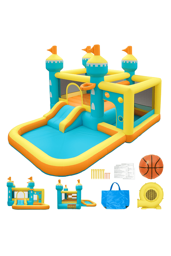 Inflatable Bounce House with 5-in-1 Play Zones for Backyard, Inflatable Castle with Slide Pool, FCC, CPC Certified, Blue/Yellow