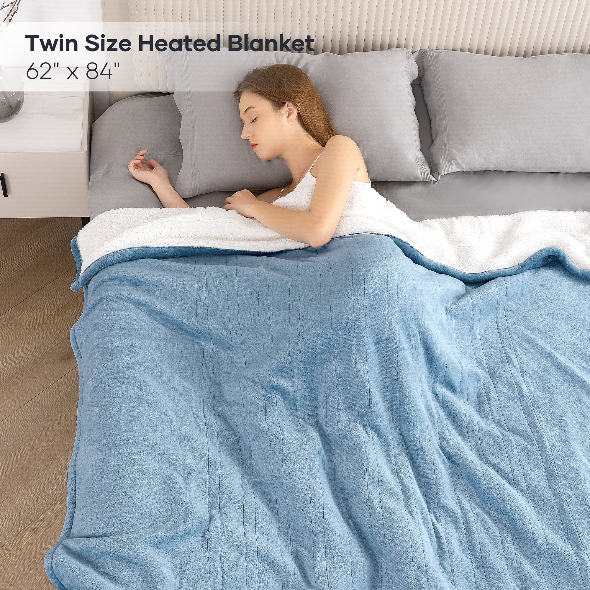 Entil Twin Size Electric Heated Blanket with 10H Auto-off u0026 4 Heat  Settings, Flannel u0026 Shu Velveteen, Blue u0026 White, 62x 84 - Walmart.com