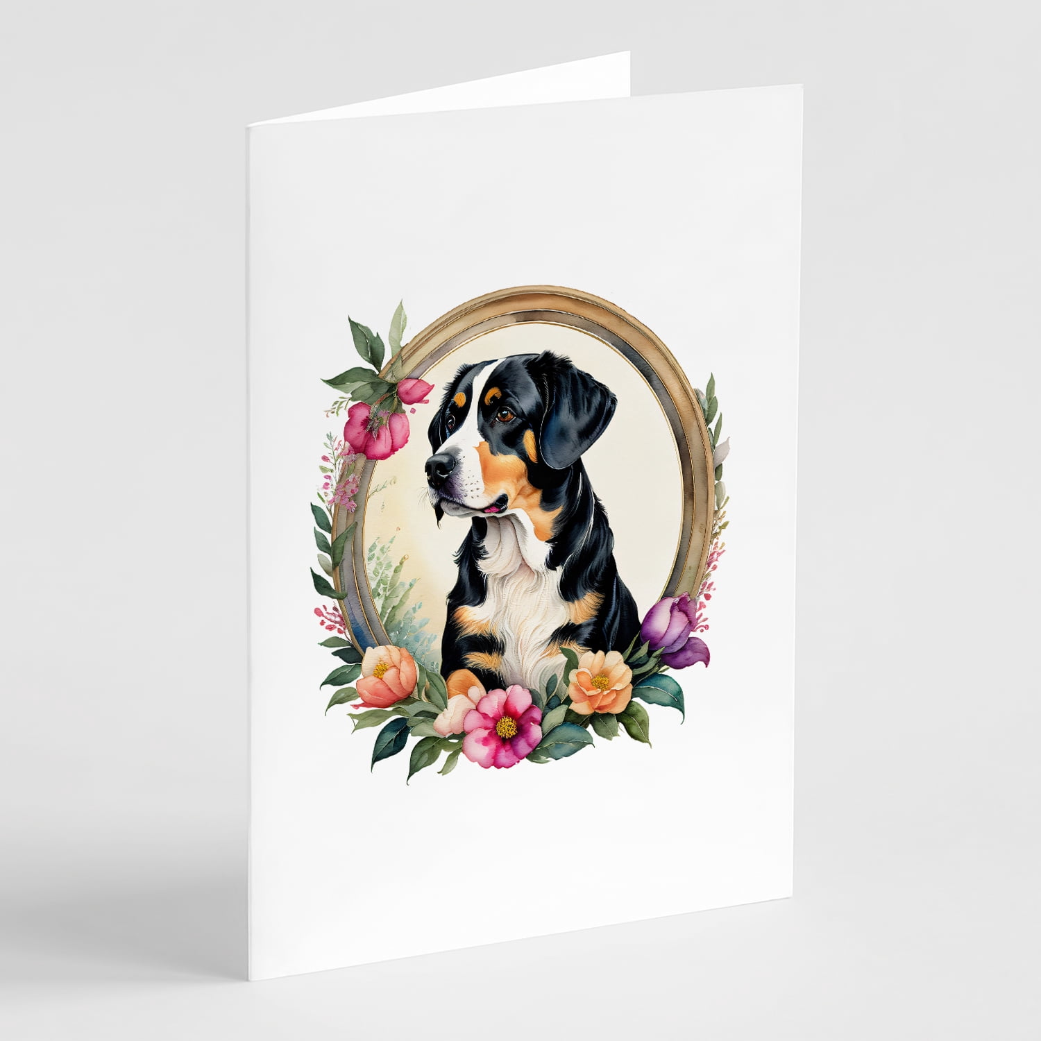 Entlebucher Mountain Dog and Flowers Greeting Cards and Envelopes Pack of 8 7 in x 5 in