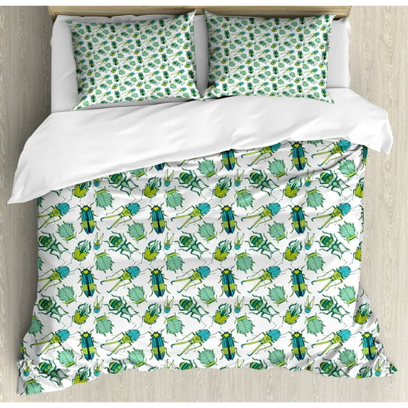 Entomology Duvet Cover Set, Colorful Detailed Beetles on a White Background, Decorative 3 Piece Bedding Set with 2 Pillow Shams, King Size, Hunter Green Mint Green, by Ambesonne