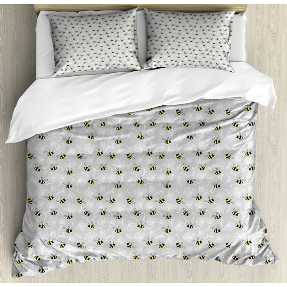 Entomology Duvet Cover Set, Print of Bumblebee Buzzing Around Orchids, Decorative 3 Piece Bedding Set with 2 Pillow Shams, King Size, Yellow Charcoal Grey, by Ambesonne