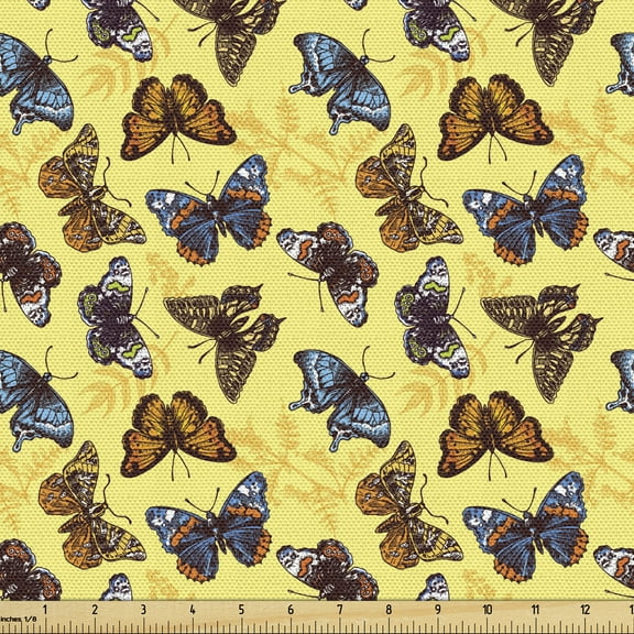Entomology Fabric by the Yard, Colorful Bohemian Style Detailed Butterflies on a Vibrant Back, Decorative Upholstery Fabric for Chairs & Home Accents, 3 Yards, Pastel Yellow Multicolor by Ambesonne