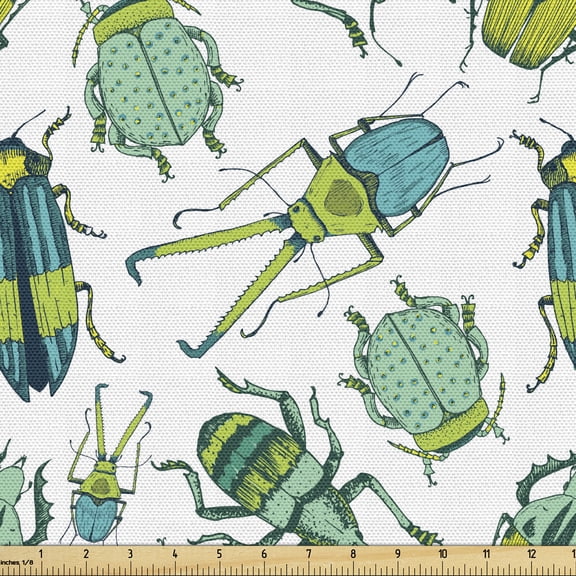 Ambesonne Entomology Fabric by the Yard Upholstery, High Detailed Beetles, 2 Yards, Hunter Green Mint Green