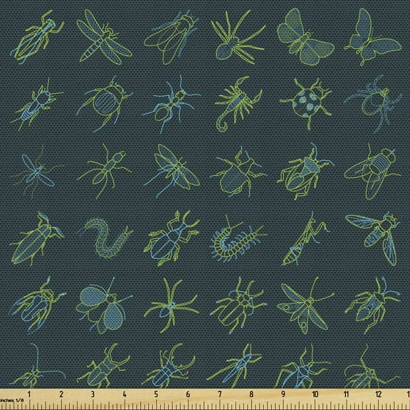 Ambesonne Nature Fabric by the Yard Upholstery, Minimal Eco Drawings Art, 5 Yards, Teal and Multicolor