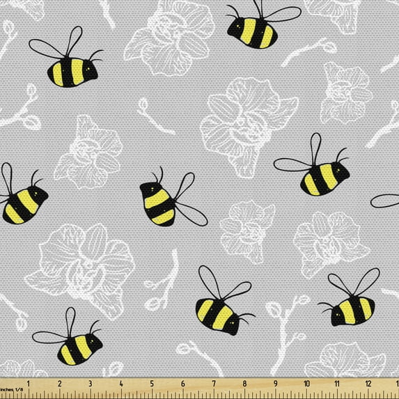 Entomology Fabric by the Yard, Print of Bumblebee Buzzing Around Orchids, Upholstery Fabric for Dining Chairs Home Decor Accents, 10 Yards, Yellow Charcoal Grey by Ambesonne