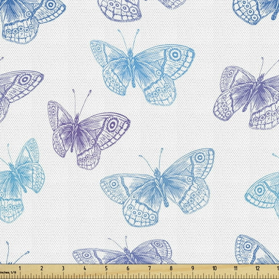 Ambesonne Entomology Fabric by the Yard Upholstery, Butterfly Layout Art, 1 Yard, Sky Blue Dark Ceil Blue