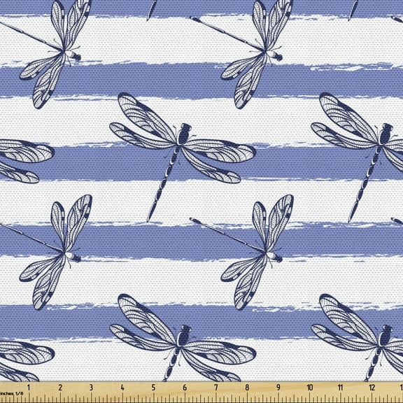 Entomology Upholstery Fabric by the Yard, Paintbrush Drawn Horizontal Stripes and Dragonflies, Decorative Fabric for DIY and Home Accents, 1 Yard, Ceil Blue Violet Blue by Ambesonne