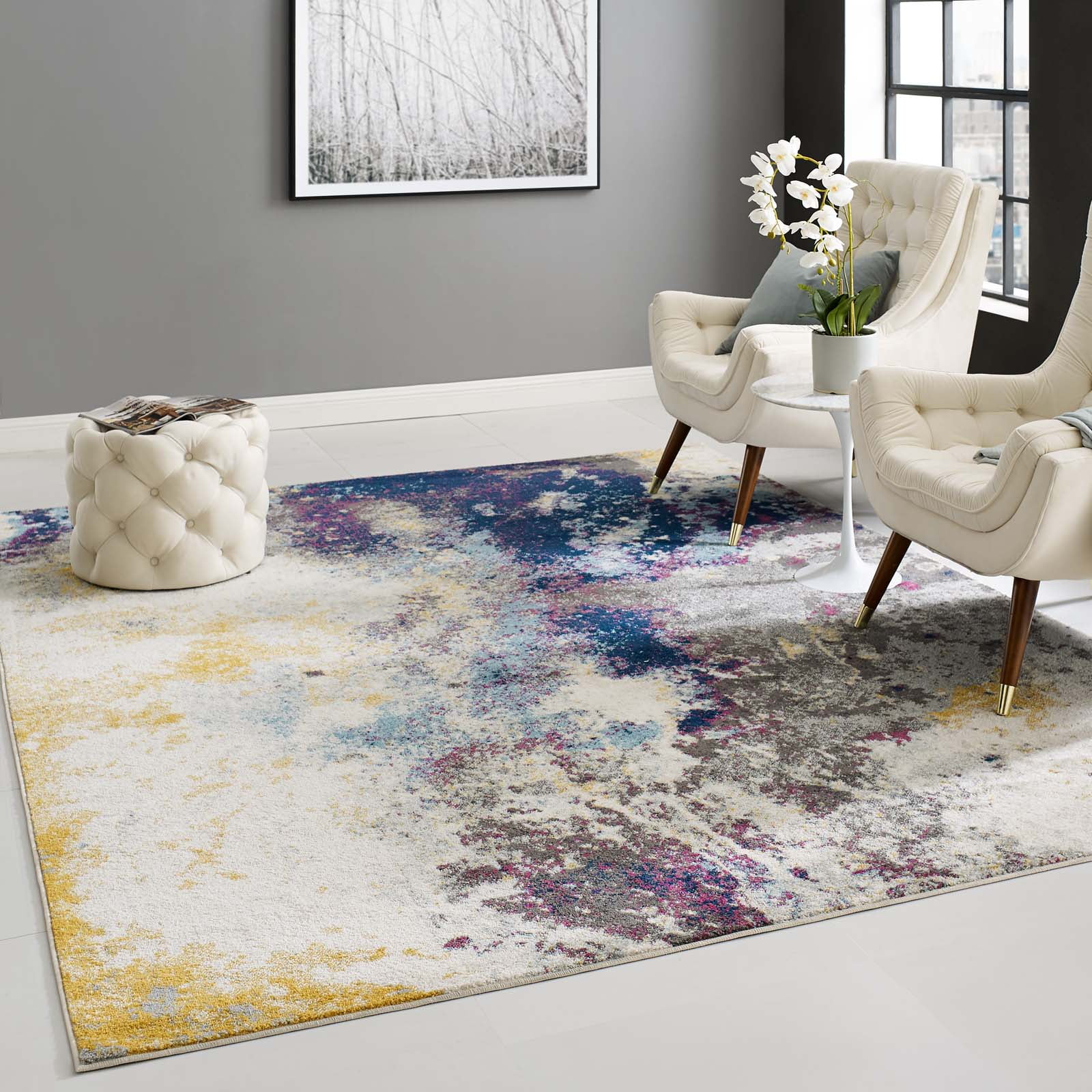Modway Entourage Adeline Contemporary Modern Abstract 8x10 Area Rug in Blue, Gray, Yellow, Ivory