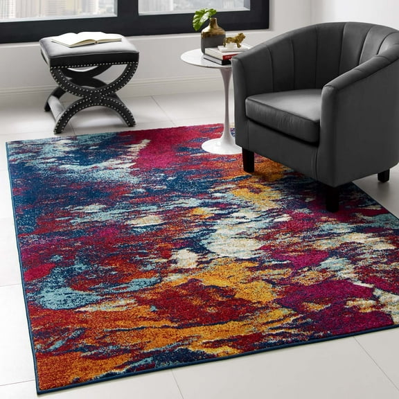 Entourage Foliage Contemporary Modern Abstract 5x8 Area Rug in Blue, Orange, Yellow, Red