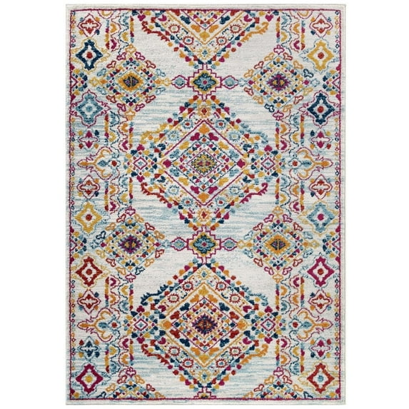 Modway Entourage Khalida Distressed Vintage Floral Lattice 5x8 Area Rug in Ivory, Blue, Orange, Yellow, Red