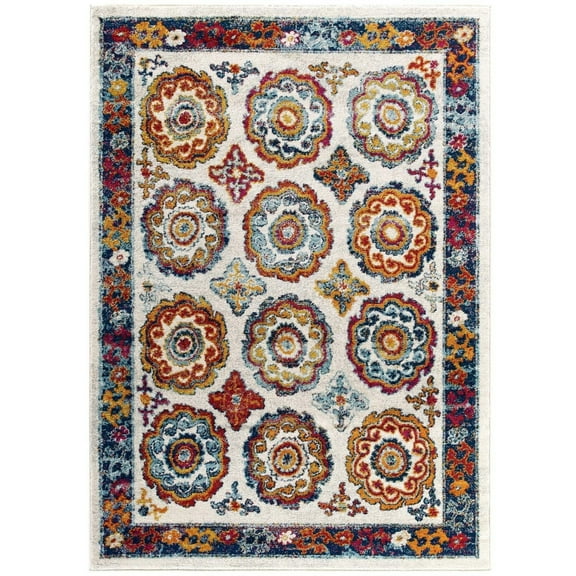 Entourage Odile Distressed Floral Moroccan Trellis 5x8 Area Rug Ivory Blue Red Orange Yellow