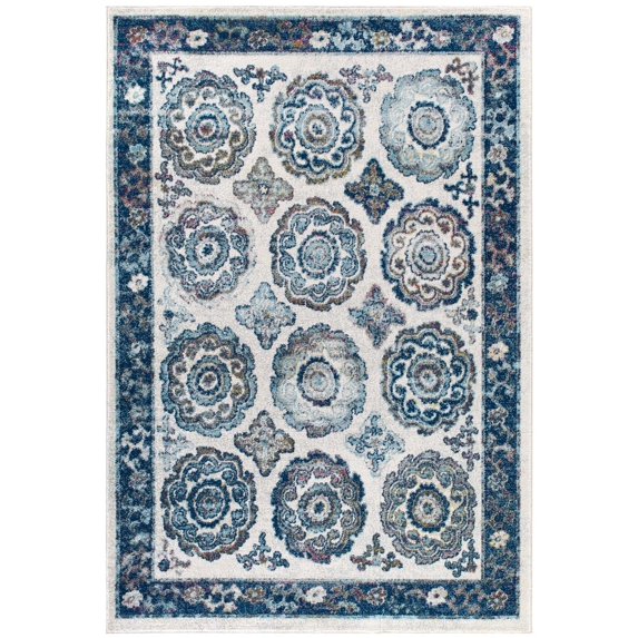 Entourage Odile Distressed Floral Moroccan Trellis 5x8 Area Rug Ivory and Blue