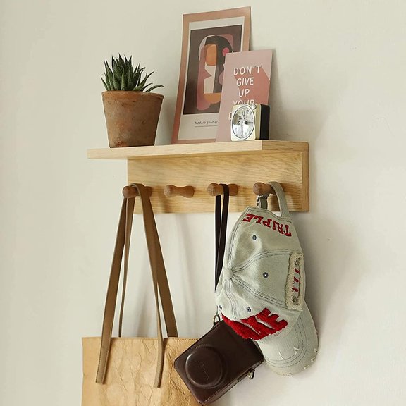 Entrance Coat Rack ,Coat Hooks, Wall-Mounted Wooden Hook Rack, Wall-Mounted Shelves(Oak Colored Finish—A-1)
