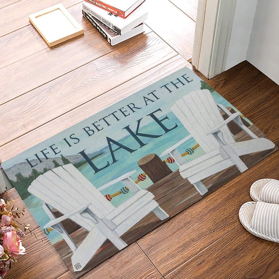 Entrance Door Mat, Funny Qoutes Low Profile Decor Doormat, Life is Better at The Lake Non-Slip Carpet Rugs with Felt Decorative for Home/Indoor/Outdoor - 18" x 31.5",W x L