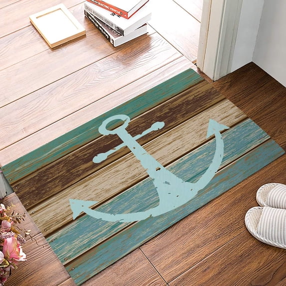 Entrance Door Mat, Nautical Theme Low Profile Decor Doormat, Anchor on Retro Board Non-Slip Carpet Rugs with Felt Decorative for Home/Indoor/Outdoor - 18" x 30",W x L