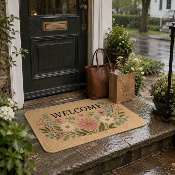 Entrance Floral Welcome Doormat, Soft Plush Flannel Non-Slip Floor Mat, Spring Daisy Botanical Entryway Rug, Indoor Decor Mat for Living Room Bedroom, 3 Sizes Available