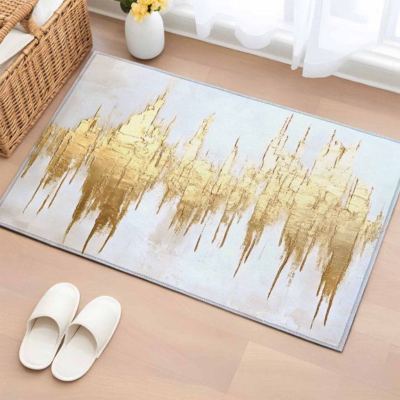 Entrance Runner Rug 2'x3', Abstract Gold Non-slip Doormat for Indoor Outdoor Entrance, Modern Minimalist Art White Gray Ripple Throw Floor Mat for Front Door/Living Room/Bedroom/Bathroom/Kitchen