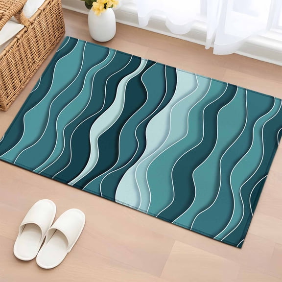Entrance Runner Rug 2'x3', Abstract Turquoise Moire Non-slip Doormat for Indoor Outdoor Entrance, Gradient Coastal Ocean Geometric Throw Floor Mat for Front Door/Living Room/Bedroom/Bathroom/Kitchen