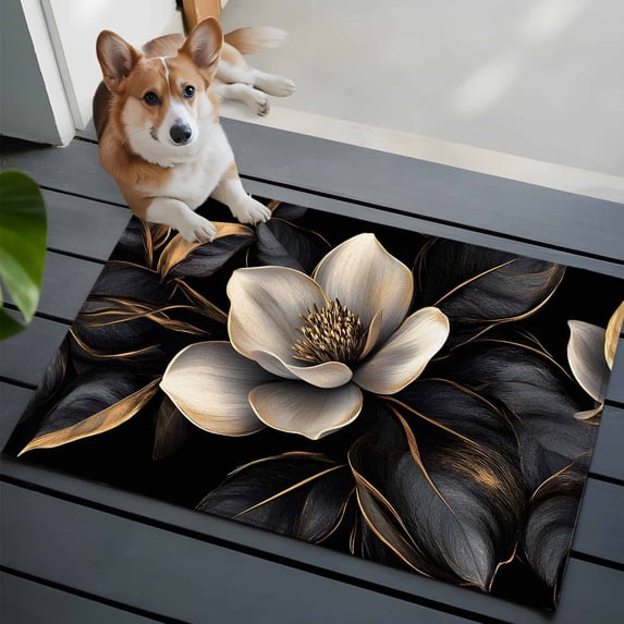 Entrance Runner Rug 2'x3',Black Gold Flower Non-slip Doormat for Indoor Outdoor Entrance,Gradient Luxurious Floral Botanical Throw Floor Mat for Front Door/Living Room/Bedroom/Bathroom/Kitchen