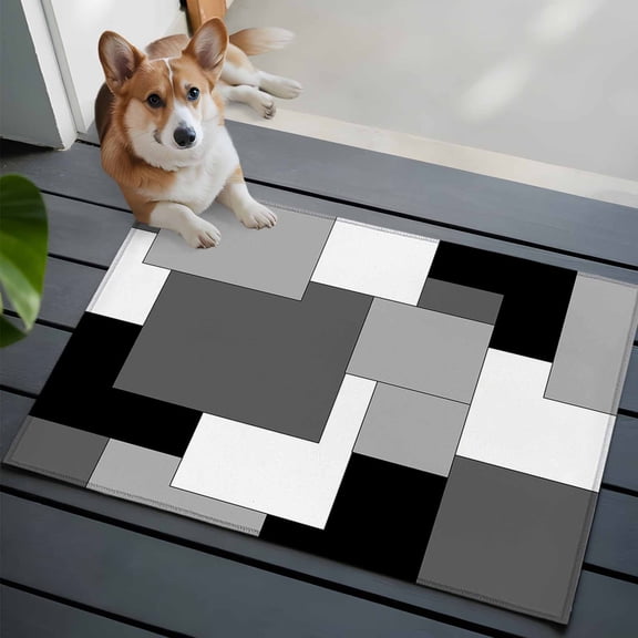 Entrance Runner Rug 2'x3',Black Grey Non-slip Doormat for Indoor Outdoor Entrance,Middle Century Irregular Geo Abstract Art Throw Floor Mat for Front Door/Living Room/Bedroom/Bathroom/Kitchen