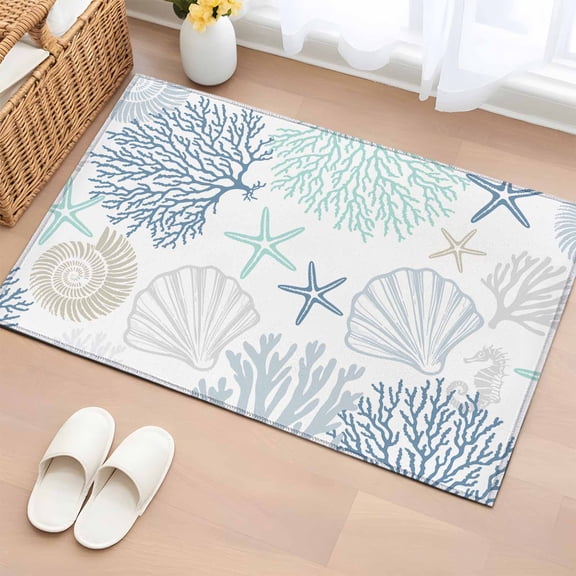Entrance Runner Rug 2'x3', Blue Aqua Grey Coastal Non-slip Doormat for Indoor Outdoor Entrance, Summer Beach Coral Shell Starfish Throw Floor Mat for Front Door/Living Room/Bedroom/Bathroom/Kitchen