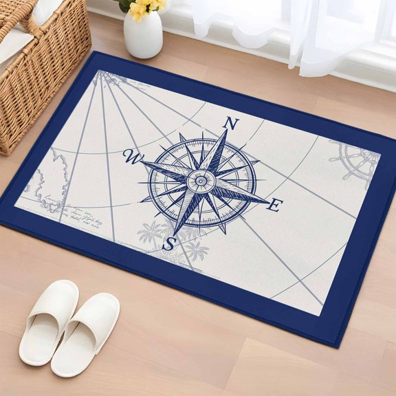 Entrance Runner Rug 2'x3', Blue Compass Nautical Non-slip Doormat for Indoor Outdoor Entrance, Coastal Abstract Art Retro Washable Throw Floor Mat for Front Door/Living Room/Bedroom/Bathroom/Kitchen