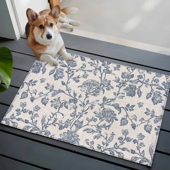 Entrance Runner Rug 2'x3',Blue Floral Non-slip Doormat for Indoor Outdoor Entrance,Farmhouse Vintage Flower Leaf Botanical Washable Throw Floor Mat for Front Door/Living Room/Bedroom/Bathroom/Kitchen