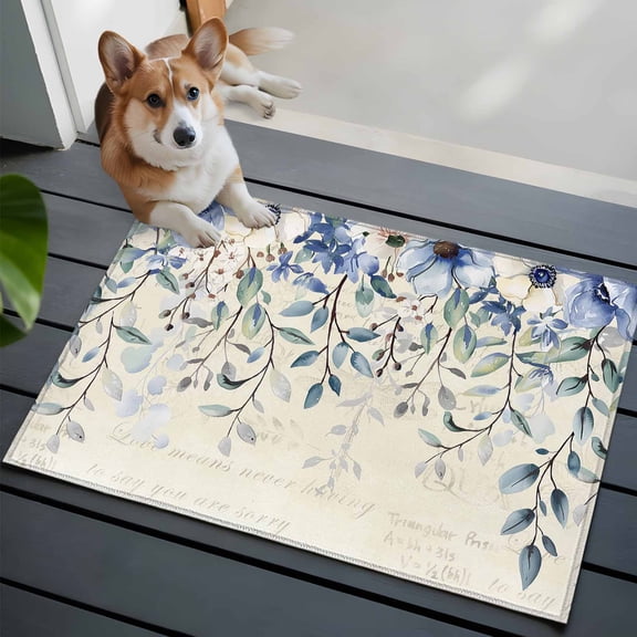 Entrance Runner Rug 2'x3',Blue Flower Non-slip Doormat for Indoor Outdoor Entrance,Farmhouse Eucalyptus Retro Country Plant Throw Floor Mat for Front Door/Living Room/Bedroom/Bathroom/Kitchen