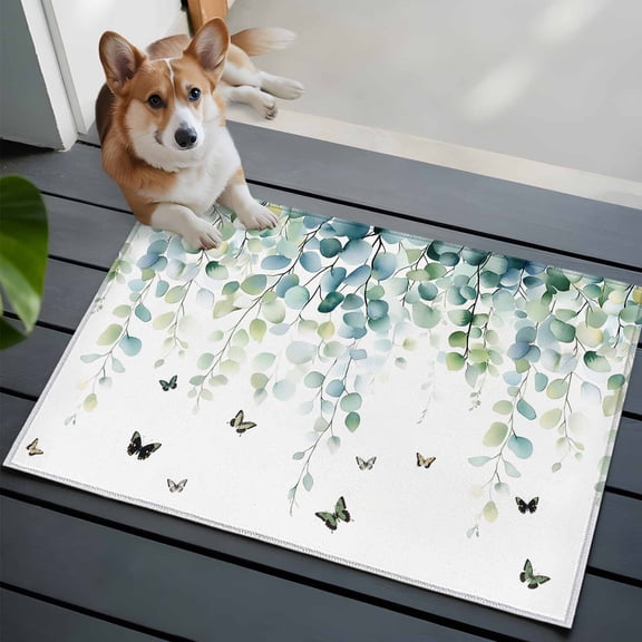 Entrance Runner Rug 2'x3',Blue Green Eucalyptus Non-slip Doormat for Indoor Outdoor Entrance,Sage Gradient Leaves Butterfly Throw Floor Mat for Front Door/Living Room/Bedroom/Bathroom/Kitchen
