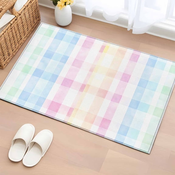 Entrance Runner Rug 2'x3', Blue Pink Plaid Non-slip Doormat for Indoor Outdoor Entrance, Pastel Green White Buffalo Patchwork Throw Floor Mat for Front Door/Living Room/Bedroom/Bathroom/Kitchen