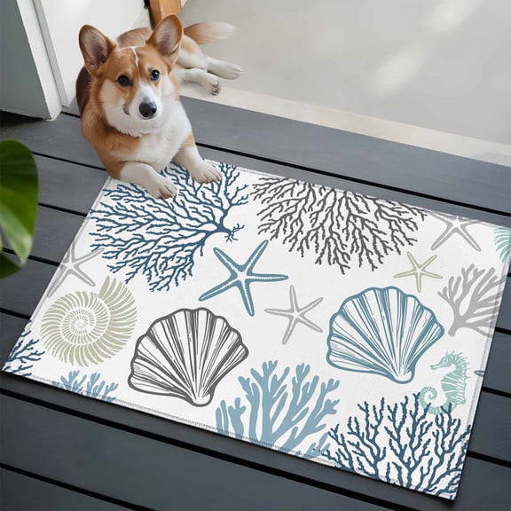 Entrance Runner Rug 2'x3',Blue Teal Coastal Non-slip Doormat for Indoor Outdoor Entrance,Summer Beach Coral Shell Starfish Washable Throw Floor Mat for Front Door/Living Room/Bedroom/Bathroom/Kitchen