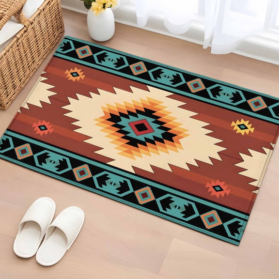 Entrance Runner Rug 2'x3', Boho Non-slip Doormat for Indoor Outdoor Entrance, Brown Turquoise Abstract Tribal Ethnic Geometric Throw Floor Mat for Front Door/Living Room/Bedroom/Bathroom/Kitchen