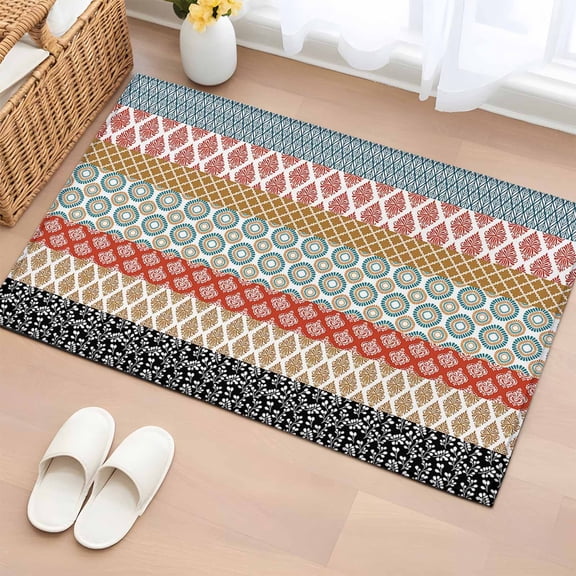 Entrance Runner Rug 2'x3', Boho Non-slip Doormat for Indoor Outdoor Entrance, Colorful Striped Ethnic Modern Geometric Abstract Art Throw Floor Mat for Front Door/Living Room/Bedroom/Bathroom/Kitchen
