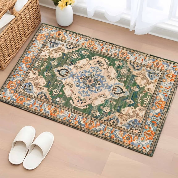 Entrance Runner Rug 2'x3', Boho Non-slip Doormat for Indoor Outdoor Entrance, Green Brown Ethnic Tribe Abstract Vintage Western Throw Floor Mat for Front Door/Living Room/Bedroom/Bathroom/Kitchen
