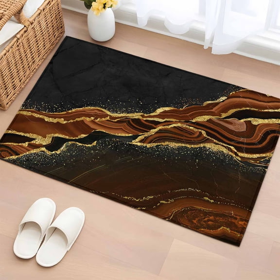 Entrance Runner Rug 2'x3', Brown Marble Non-slip Doormat for Indoor Outdoor Entrance, Gold Abstract Vintage Modern Ombre Art Throw Floor Mat for Front Door/Living Room/Bedroom/Bathroom/Kitchen