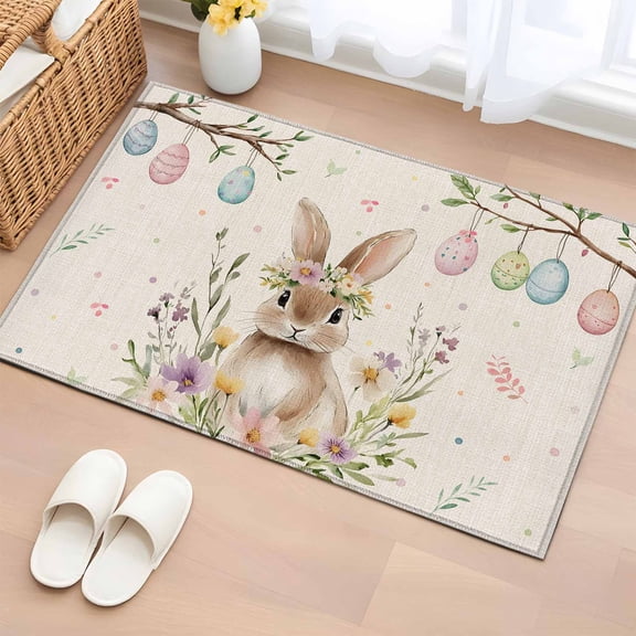 Entrance Runner Rug 2'x3', Bunny Easter Non-slip Doormat for Indoor Outdoor Entrance, Colorful Eggs Spring Floral Rustic Washable Throw Floor Mat for Front Door/Living Room/Bedroom/Bathroom/Kitchen