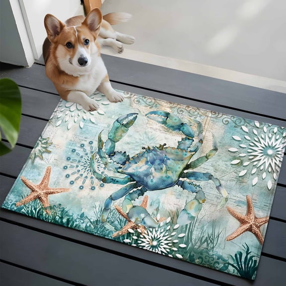 Entrance Runner Rug 2'x3', Coastal Crab Non-slip Doormat for Indoor Outdoor Entrance, Teal Nautical Beach Starfish Vintage Washable Throw Floor Mat for Front Door/Living Room/Bedroom/Bathroom/Kitchen