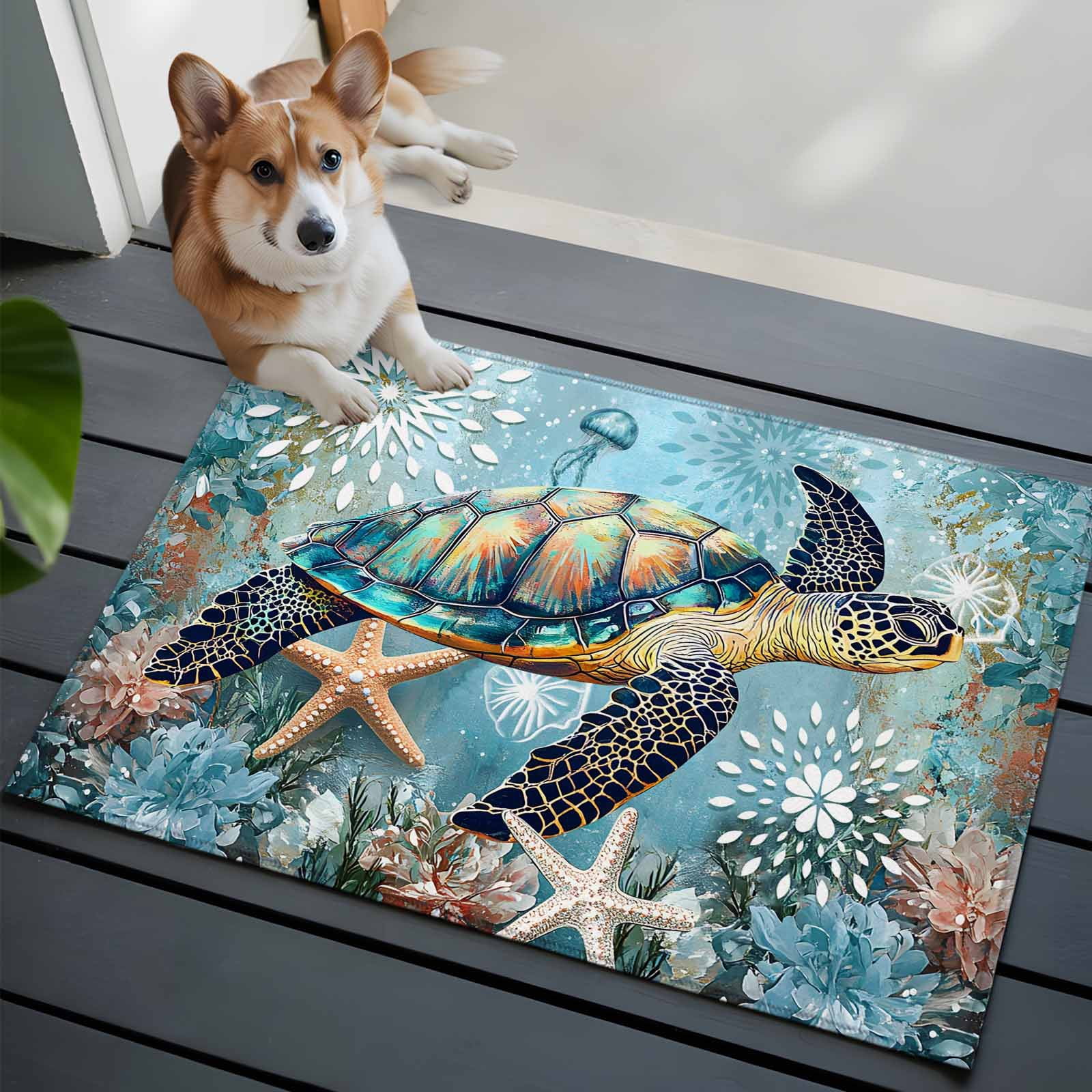 Entrance Runner Rug 2'x3',Coastal Sea Turtle Non-slip Doormat for Indoor Outdoor Entrance,Vintage Teal Nautical Beach Botanical Throw Floor Mat for Front Door/Living Room/Bedroom/Bathroom/Kitchen