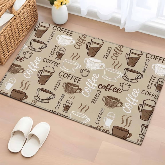 Entrance Runner Rug 2'x3', Coffee Non-slip Doormat for Indoor Outdoor Entrance, Beige Farmhouse Retro Beans Latte Tea Cup Funny Throw Floor Mat for Front Door/Living Room/Bedroom/Bathroom/Kitchen
