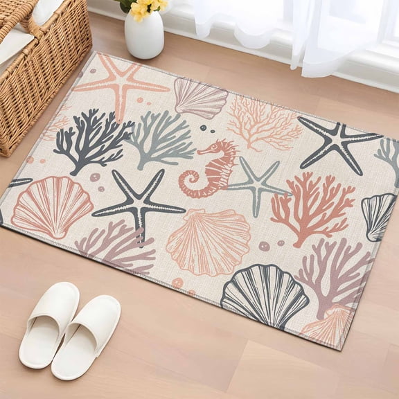 Entrance Runner Rug 2'x3',Coral Pink Grey Coastal Non-slip Doormat for Indoor Outdoor Entrance,Summer Beach Starfish Coral Nautical Rustic Throw Floor Mat for Front Door/Living Room/Bedroom/Bathroom