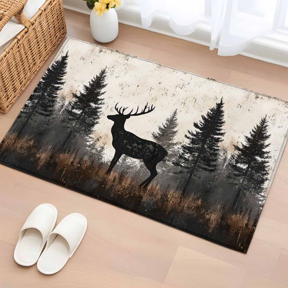 Entrance Runner Rug 2'x3', Forest Elk Non-slip Doormat for Indoor Outdoor Entrance, Rustic Nature Tree Retro Deer Silhouette Throw Floor Mat for Front Door/Living Room/Bedroom/Bathroom/Kitchen