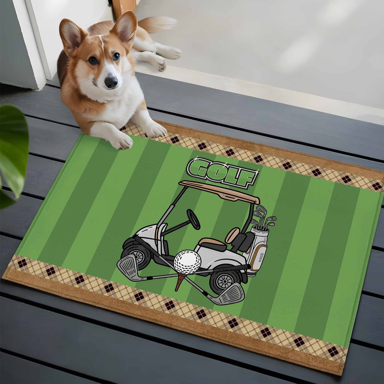 Entrance Runner Rug 2'x3', Golf Balls Non-slip Doormat for Indoor Outdoor Entrance, Green Sports Art Truck Brown Lattice Washable Throw Floor Mat for Front Door/Living Room/Bedroom/Bathroom/Kitchen