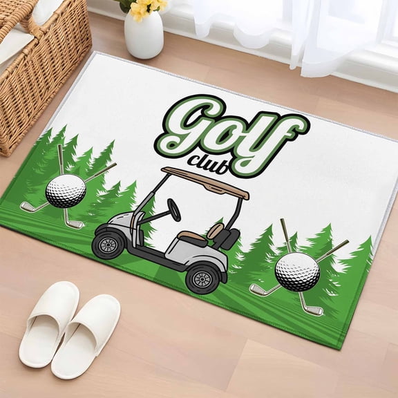 Entrance Runner Rug 2'x3', Golf Non-slip Doormat for Indoor Outdoor Entrance, Green Forest Tree Balls Clubs Sports Cartoon Washable Throw Floor Mat for Front Door/Living Room/Bedroom/Bathroom/Kitchen