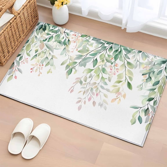 Entrance Runner Rug 2'x3', Green Botanical Non-slip Doormat for Indoor Outdoor Entrance, Pink Spring Floral Eucalyptus Leaves Throw Floor Mat for Front Door/Living Room/Bedroom/Bathroom/Kitchen