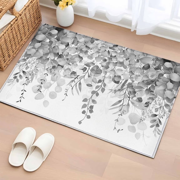 Entrance Runner Rug 2'x3', Grey Botanical Non-slip Doormat for Indoor Outdoor Entrance, Weeping Eucalyptus Leaves Watercolor Throw Floor Mat for Front Door/Living Room/Bedroom/Bathroom/Kitchen