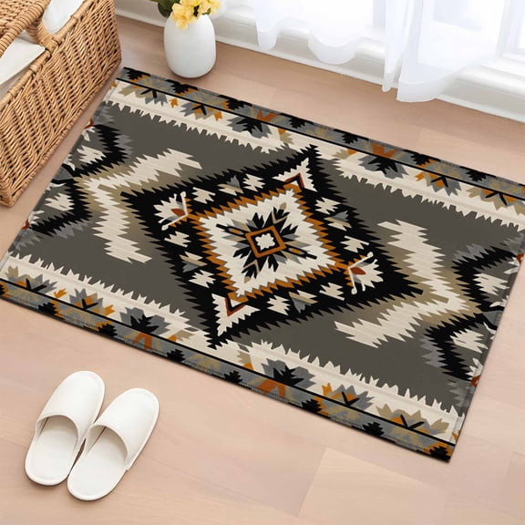 Entrance Runner Rug 2'x3', Grey Orange Black Non-slip Doormat for Indoor Outdoor Entrance, Boho Ethnic Geometric Southwestern Throw Floor Mat for Front Door/Living Room/Bedroom/Bathroom/Kitchen